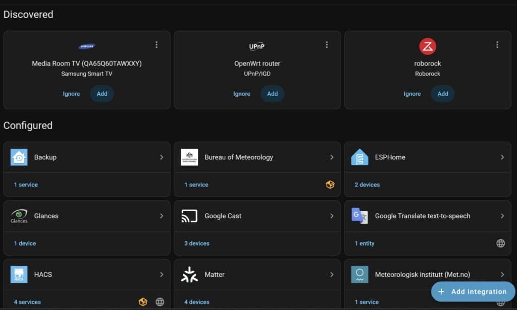 Devices and Services Page Home Assistant