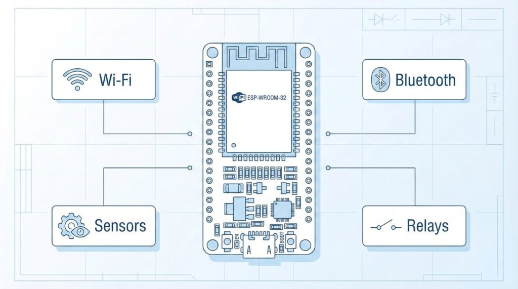 Wide 16:9 hero image with a clean blueprint-style background. In the middle, a detailed ESP32 development board illustration, surrounded by simple line-drawing callouts: “Wi-Fi”, “Bluetooth”, “Sensors”, “Relays”. Use light blue and white colours, thin lines, and a minimal look, not a cluttered engineering diagram. Modern flat design with room at the top or left for blog title text.