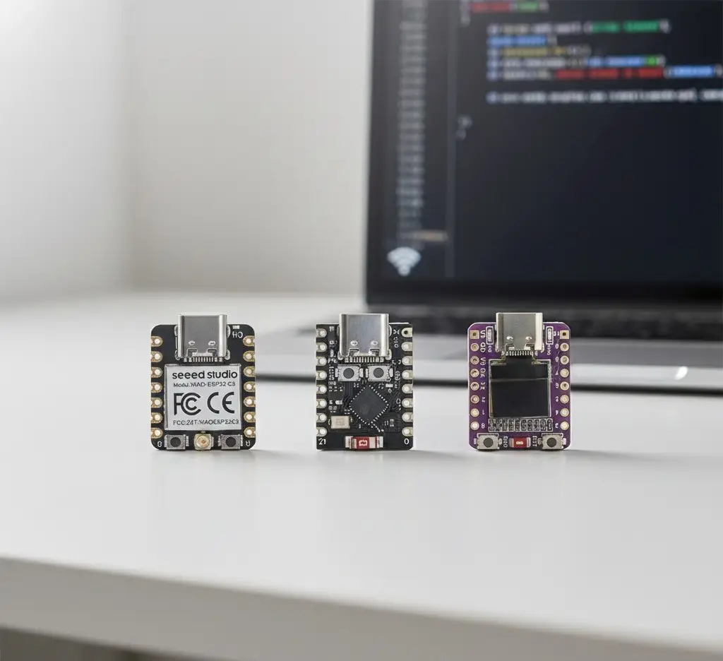 ESP32 C3 variants sitting side by side, desktop screen with code in the background