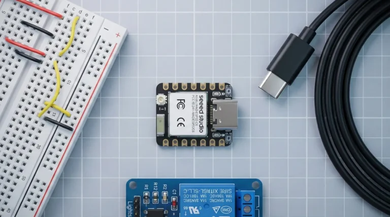 ESP32-C6 surrounded by components and wiring, top down