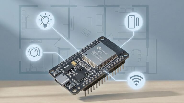 Ultra-detailed 3D render, 16:9 wide hero image. An ESP32 development board is in the centre of the frame on a desk, with soft glows connecting it to floating minimal icons of a light bulb, thermostat, door sensor and Wi-Fi symbol. Background is a subtle outline of a house floor plan. Clean modern style, soft shadows, blue-grey colour palette, beginner-friendly and not too cluttered, with space for text on one side.