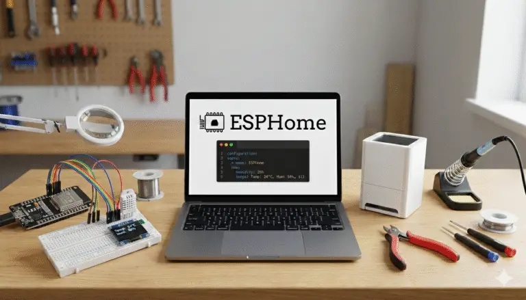 Laptop in centre of image sitting ona wooden desk surrounded by various tools and electronic devices. Laptop displays text reading ESPHome with a code block underneath it.