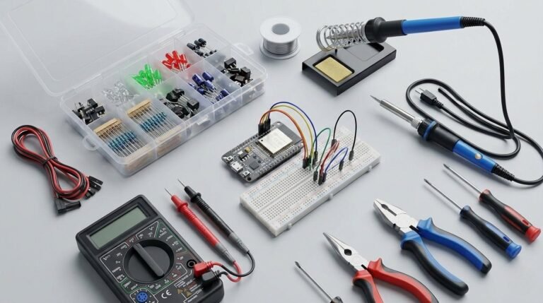 Wide 16:9 hero image showing a beginner DIY electronics starter kit neatly arranged. ESP32 board, breadboard, jumper wires, multimeter, soldering iron, basic components, hand tools, and storage box visible. Clean modern style, slightly top-down angle. Neutral background, realistic but not overly technical. Designed to clearly show essential items beginners would buy first. No text.