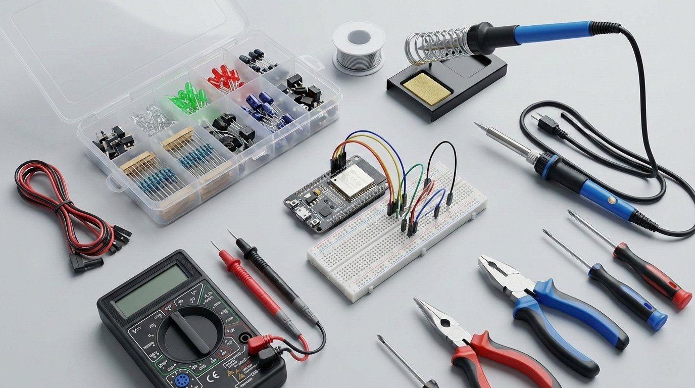 Wide 16:9 hero image showing a beginner DIY electronics starter kit neatly arranged. ESP32 board, breadboard, jumper wires, multimeter, soldering iron, basic components, hand tools, and storage box visible. Clean modern style, slightly top-down angle. Neutral background, realistic but not overly technical. Designed to clearly show essential items beginners would buy first. No text.