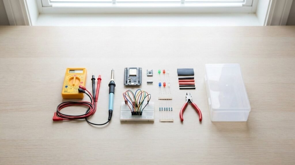 Wide 16:9 hero image, clean flat-lay on a light neutral desk. In the centre, a small electronics starter setup: ESP32 development board, multimeter, soldering iron, breadboard with jumper wires, resistors, LEDs, wire cutters, heat shrink tubing, and a small plastic project box. Minimal, uncluttered layout. Soft natural lighting, modern and beginner-friendly. No text in image. Electronics Starter Kit for beginners.