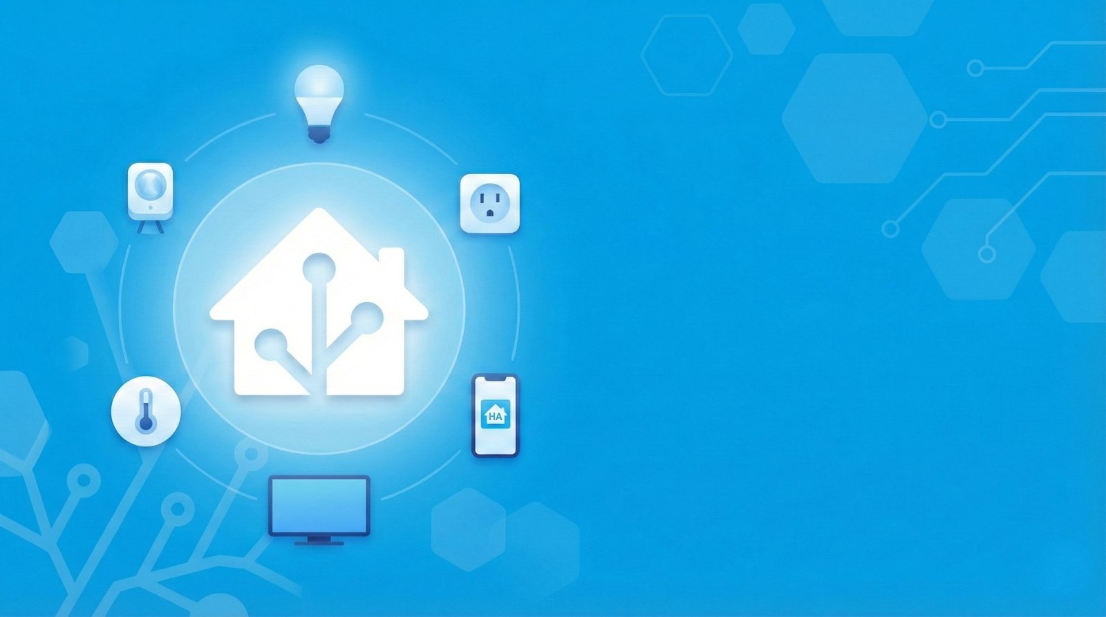 Home assistant logo surrounded by smart devices, blue background small