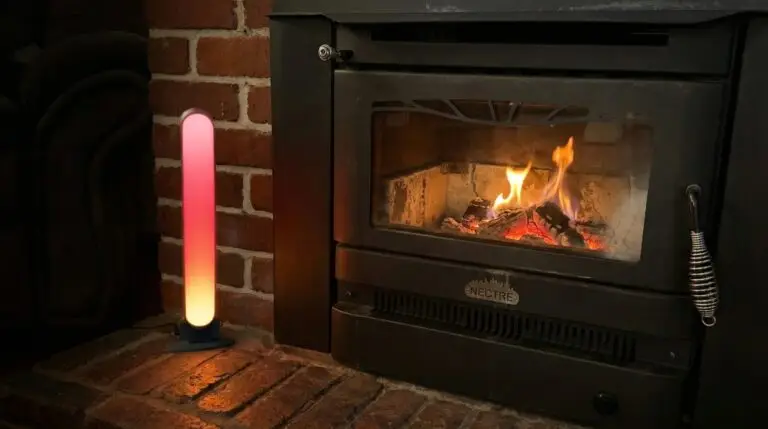 LED Light Bar in front of fireplace, light bar is lit up in the same colours as a flame