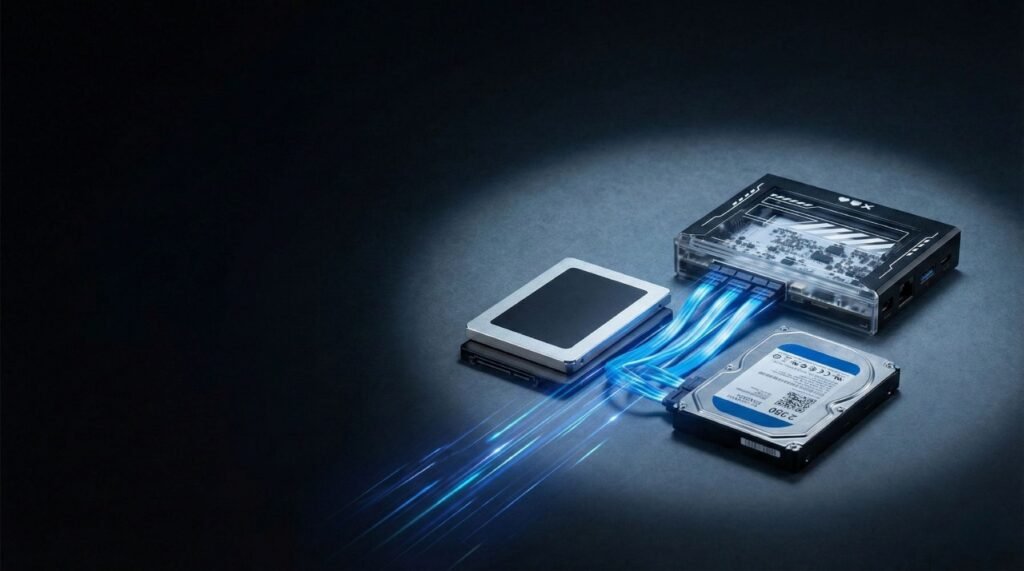 ZimaBlade 7700 Review. Wide 16:9 hero image. A compact ZimaBlade 7700 board mounted beside two stacked 2.5" SSDs and a small HDD, with SATA cables connected, suggesting a DIY NAS build. Subtle light trails or lines connecting the board to the drives to show data flow. Dark background with a soft spotlight effect on the hardware, cool blue highlights, and gentle reflections. Room on the left-hand third of the image for large title text.