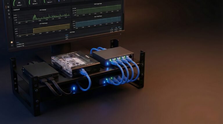 Wide 16:9 hero image. A ZimaBlade 7700 single-board server on a clean wooden desk, shot from a slight angle so the ports and heatsink are visible. Next to it, two 2.5" SSDs with SATA cables hinting at NAS storage. In the blurred background, a monitor shows a simple Home Assistant or server dashboard with graphs and icons. Modern soft lighting, shallow depth of field, blue and grey colour tones. Leave empty space on the left for a blog title.