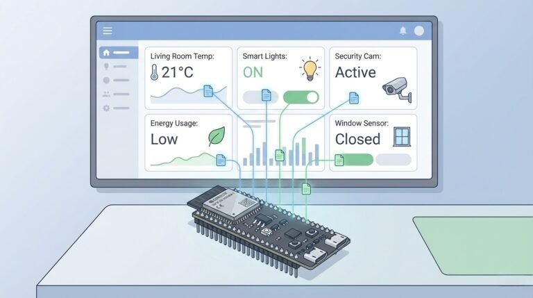 16:9, clean minimal illustration of a local smart home dashboard UI (generic, no brand), with an ESP32-S3 board in foreground, subtle network lines connecting sensors, modern and practical
