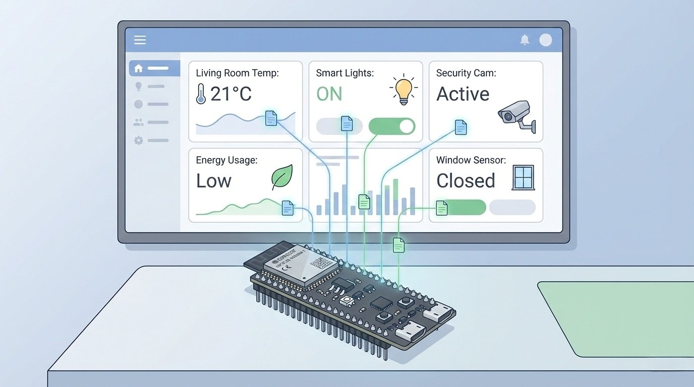 16:9, clean minimal illustration of a local smart home dashboard UI (generic, no brand), with an ESP32-S3 board in foreground, subtle network lines connecting sensors, modern and practical