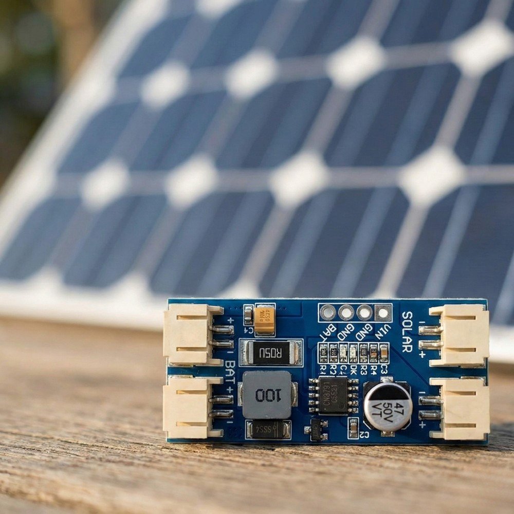 A photorealistic close-up of a CN3791 MPPT charging module PCB with a softly blurred solar panel behind it in natural daylight. The board is the focus, background is bokeh and unobtrusive. Composition leaves open space on the left.