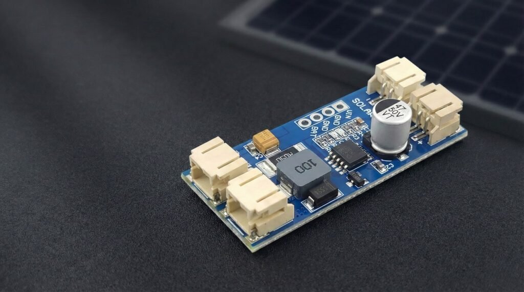 Create a 16:9 blog cover image featuring a CN3791 MPPT solar Li-ion/LiPo charging module PCB as the single hero object. Photorealistic product photography look, slight 3/4 angle, dark neutral background, soft studio lighting, shallow depth of field. Show typical features: charging IC, inductor, diode, capacitors, small trimpot, and visible input/output pads. Add a subtle out-of-focus solar panel texture in the background.