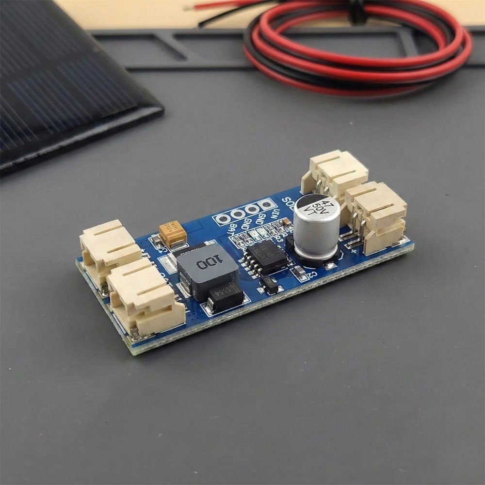 A realistic tabletop scene: a CN3791 MPPT solar Li-ion charger module PCB in sharp focus on a clean dark work surface. Slightly blurred items in the far background (generic wires and a small solar panel corner) to imply context, but minimal and tidy. Warm-neutral soft lighting, shallow depth of field, plenty of negative space.