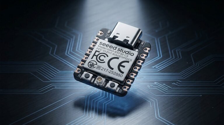 A detailed ESP32-C5 development board floats above a dark futuristic background, illuminated from above with dramatic lighting. Subtle blue circuit traces glow beneath the board, drawing attention to the chip, pins, and antenna area. The image has a clean, realistic, and professional tech blog style in a wide landscape format.