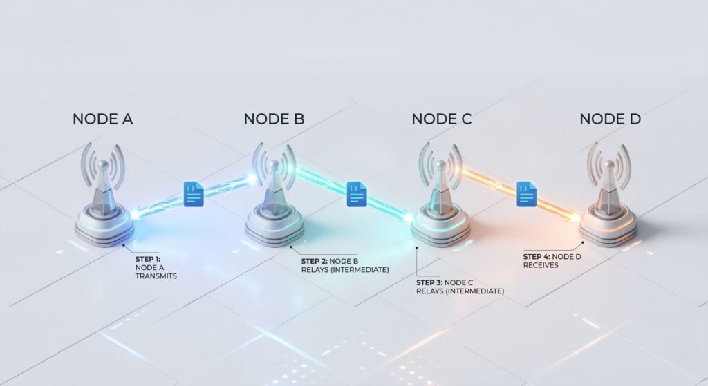 3D infographic showing how a mesh network forwards data across four nodes. Node A, Node B, Node C, and Node D are arranged from left to right, with glowing signal paths linking A to B, B to C, and C to D. Labels show the sequence: Node A transmits, Node B relays, Node C relays, and Node D receives. Small packet icons and arrows highlight the data packet trajectory across the network.