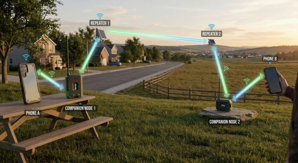 Realistic 3D-style illustration of a MeshCore multi-hop network across a semi-rural or suburban landscape. Two smartphones sit at opposite ends of the scene, with four small radio-style electronic nodes placed in a line between them. The sequence runs left to right as phone, companion node, repeater, repeater, companion node, phone. Glowing wireless beams or pulsing signal lines connect each device step by step, showing the message hopping through the network from one device to the next. The scene highlights decentralised communication and extended coverage without a central server or gateway.