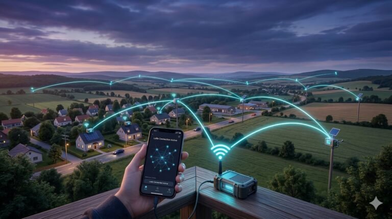 Realistic 3D-style featured image showing a LoRa MeshCore network across a semi-rural or suburban landscape. A smartphone in the foreground connects to a nearby companion node, while multiple small radio-style nodes are placed across houses, poles, and open land in the background. Glowing wireless signal lines hop from node to node, illustrating decentralised communication, long-range coverage, and repeater-based mesh networking. The scene uses modern cinematic lighting and a polished tech-blog style, with no central router or cloud hub as the main focus.