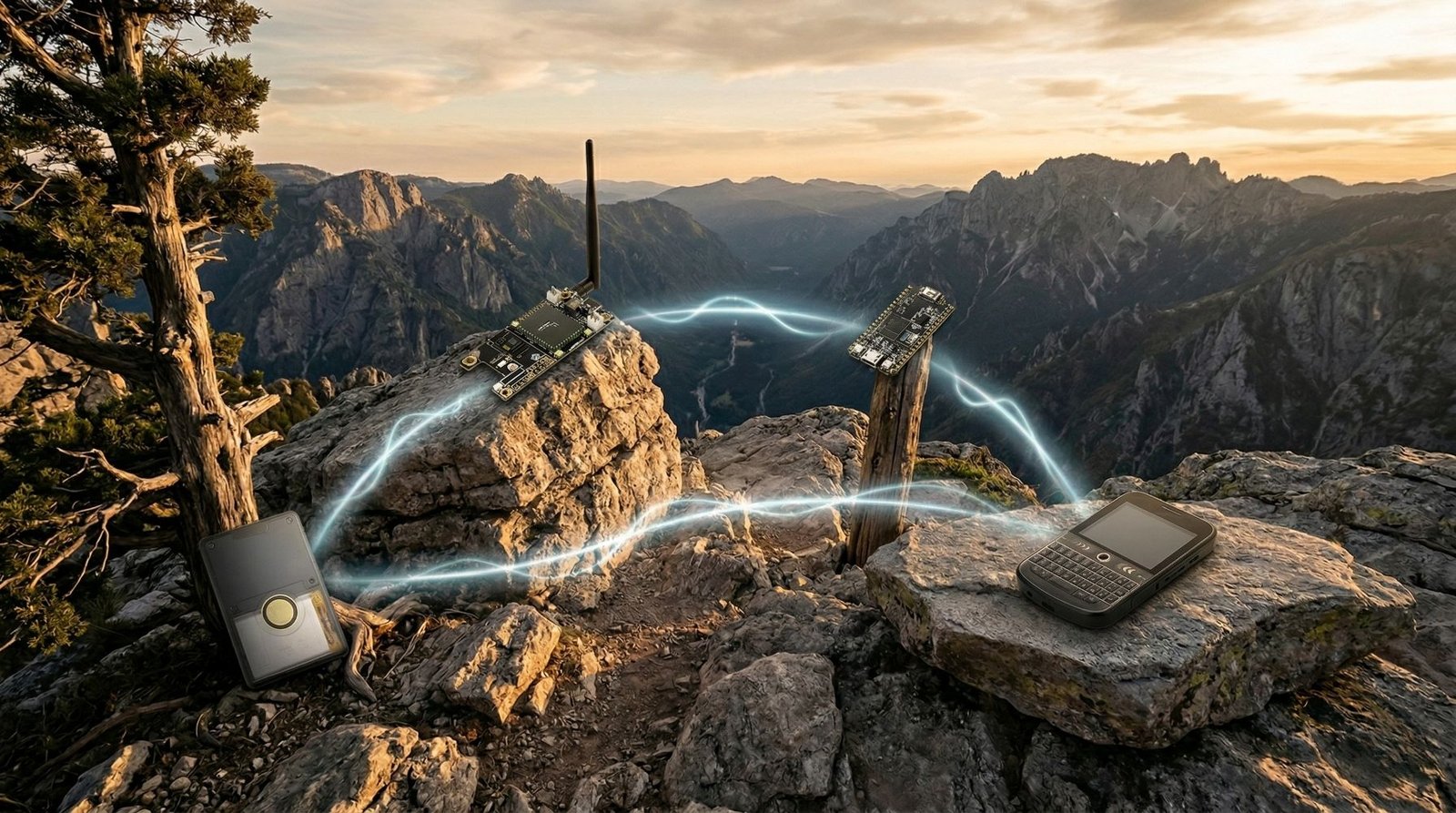 Featured image showing several modern LoRa mesh networking devices placed across a rugged outdoor landscape, with subtle glowing signal paths linking them to suggest off-grid communication and mesh networking.
