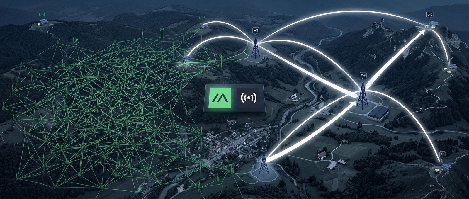 A wide cinematic image of a terrain map viewed from above, showing two competing wireless mesh networks expanding across hills, houses, and remote locations.