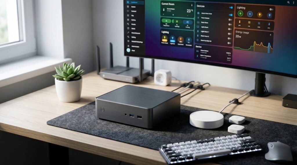 A realistic, high-end image showing a compact mini PC sitting on a clean desk beside smart home gear, with a Home Assistant style dashboard visible on a nearby monitor in the background. Best mini pc for home assistant.