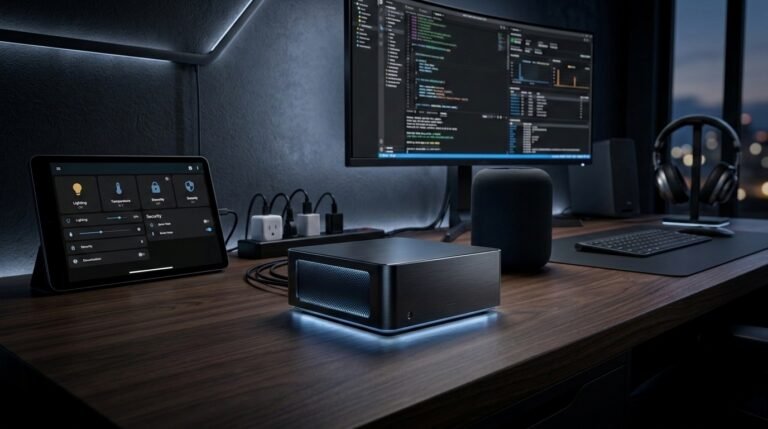 A dramatic, cinematic image showing a sleek mini PC glowing softly in a dark modern setup, with smart home devices and automation screens surrounding it. The composition feels premium and high-contrast but still realistic and clean. No text, no logos, no watermarks. Wide horizontal composition.