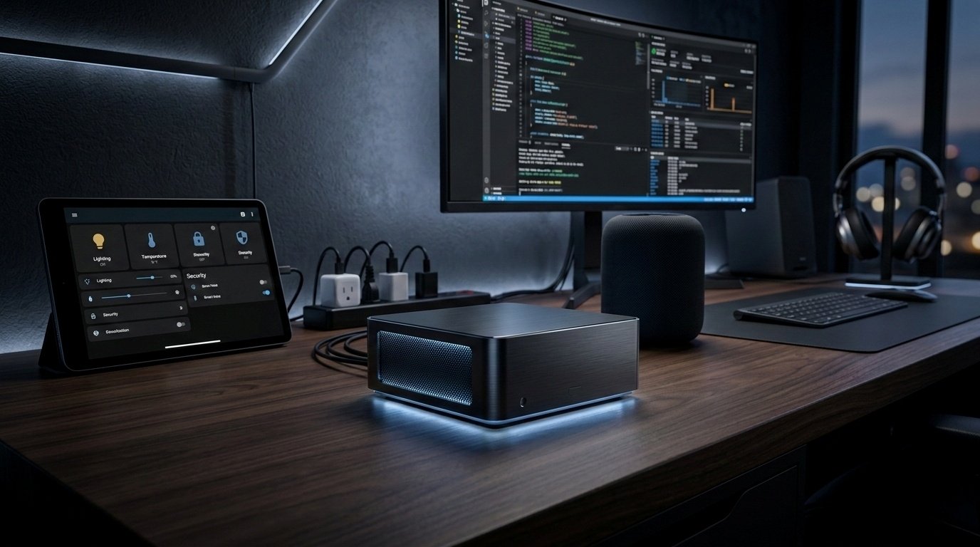 A dramatic, cinematic image showing a sleek mini PC glowing softly in a dark modern setup, with smart home devices and automation screens surrounding it. The composition feels premium and high-contrast but still realistic and clean. No text, no logos, no watermarks. Wide horizontal composition.