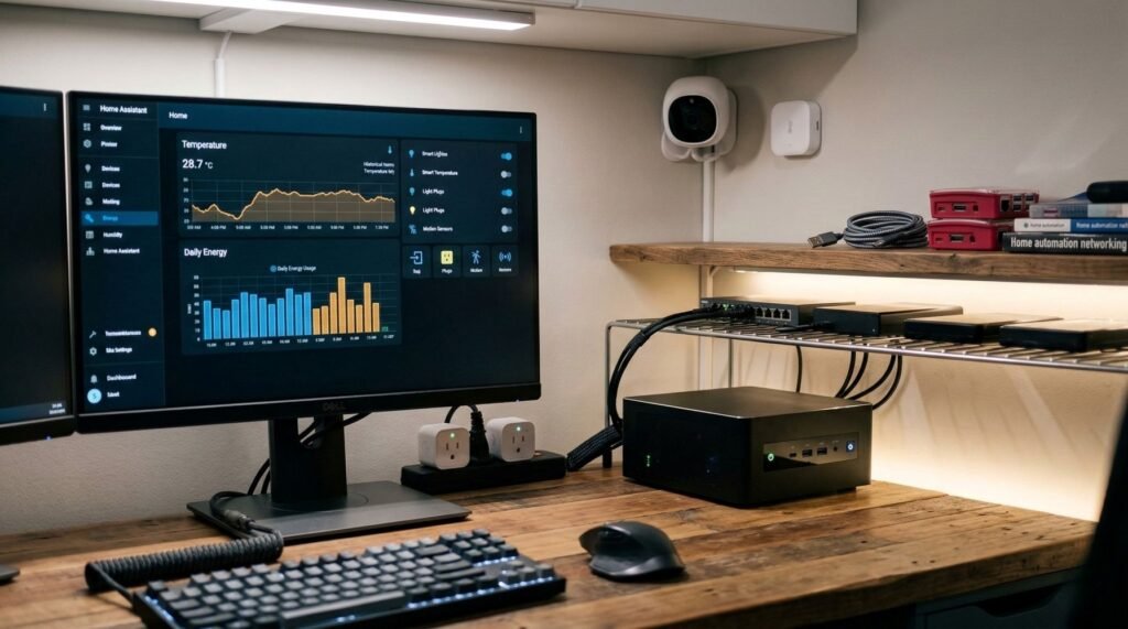 A realistic smart home themed image featuring a small mini PC as the central subject in a modern home office or server nook.