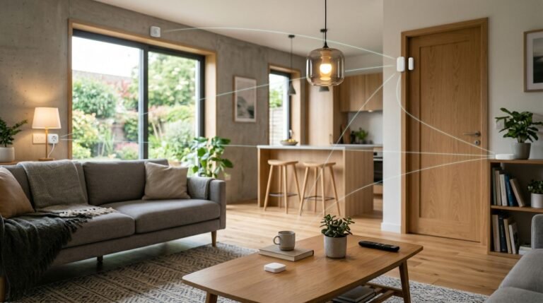 Realistic featured image showing a modern home interior with Zigbee-style smart home devices including a smart plug, motion sensor, door sensor, smart bulb, and wireless button, connected by subtle glowing lines to represent a mesh network, with a small central hub visible in the scene.