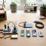 Realistic blog featured image of several compact microcontroller boards for battery-powered projects arranged on a neat electronics desk with a LiPo battery, small solar panel, sensor boards, USB cable, and tools.
