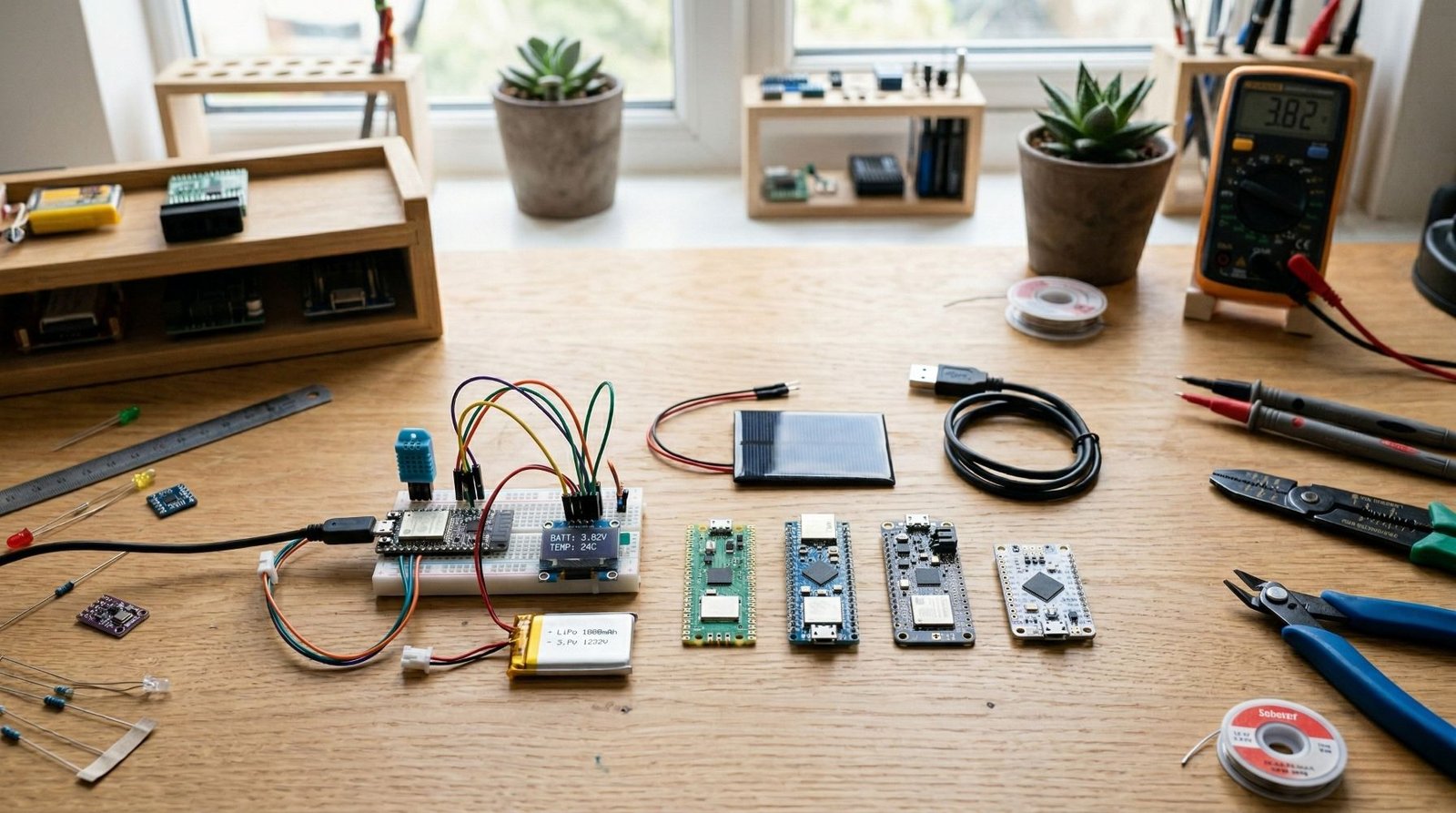 Realistic blog featured image of several compact microcontroller boards for battery-powered projects arranged on a neat electronics desk with a LiPo battery, small solar panel, sensor boards, USB cable, and tools.