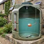 Cutaway view of a domestic water tank showing the water level and several monitoring methods, including an ultrasonic sensor at the top, a pressure sensor near the bottom, a float sensor inside, and an external gauge on the side.