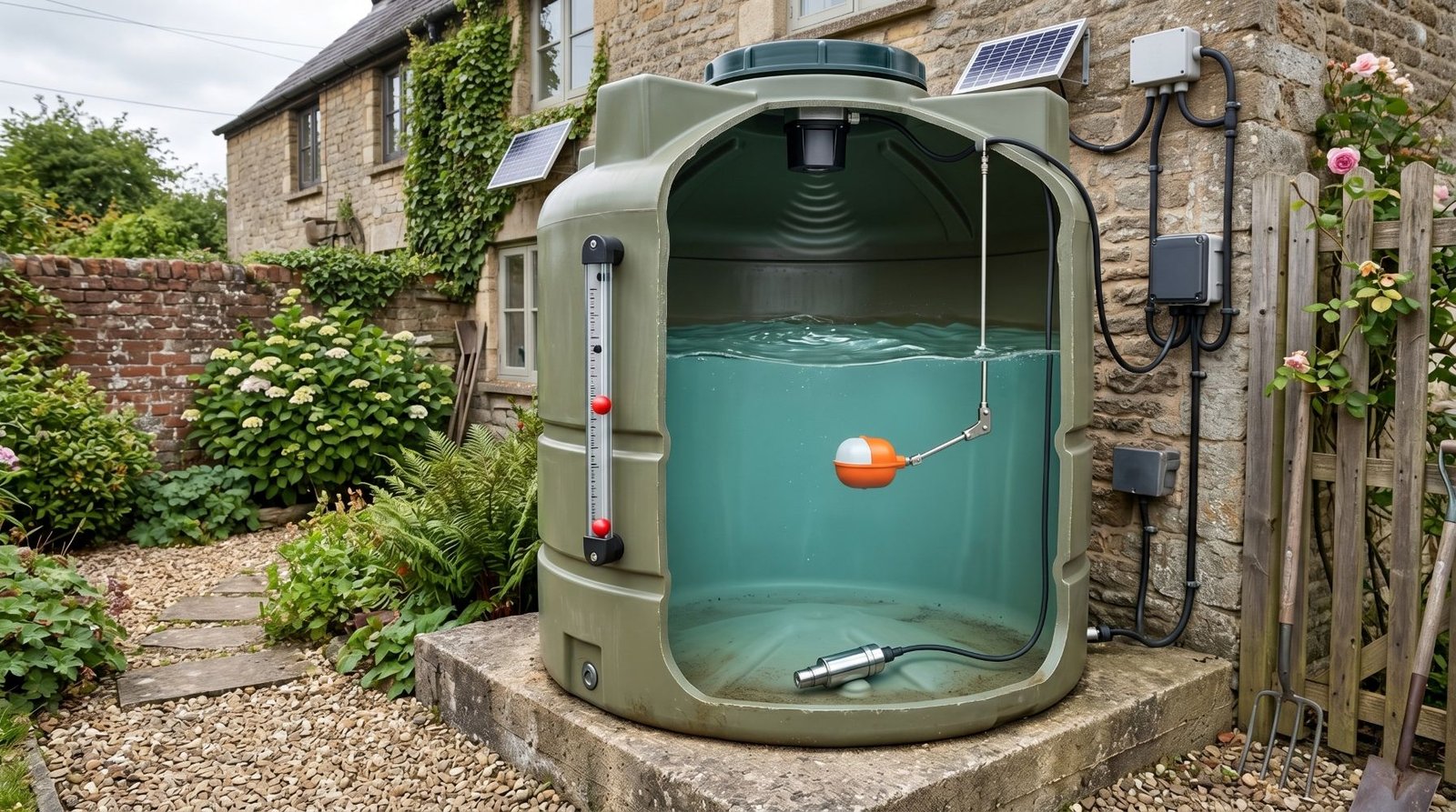 Cutaway view of a domestic water tank showing the water level and several monitoring methods, including an ultrasonic sensor at the top, a pressure sensor near the bottom, a float sensor inside, and an external gauge on the side.