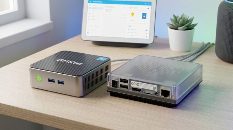 Home Assistant Green and a compact mini PC side by side on a desk in a modern smart home setup, with subtle dashboard elements in the background, soft lighting, and a clean realistic tech style.
