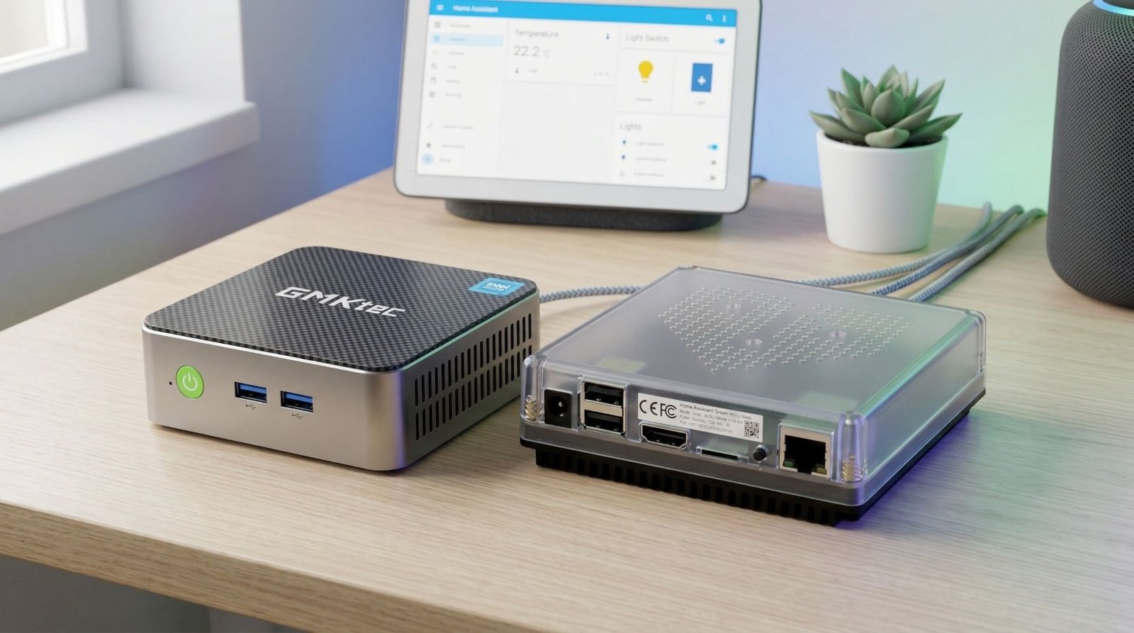 Home Assistant Green and a compact mini PC side by side on a desk in a modern smart home setup, with subtle dashboard elements in the background, soft lighting, and a clean realistic tech style.