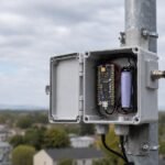 An open meshcore repeater enclosure mounted high to a pole.