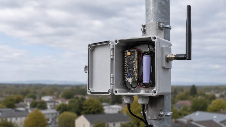 An open meshcore repeater enclosure mounted high to a pole.