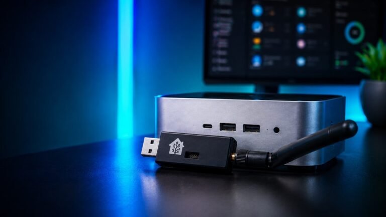 Zigbee coordinator sitting in front of a mini pc, blue moody tech lighting and home assistant screen in the background