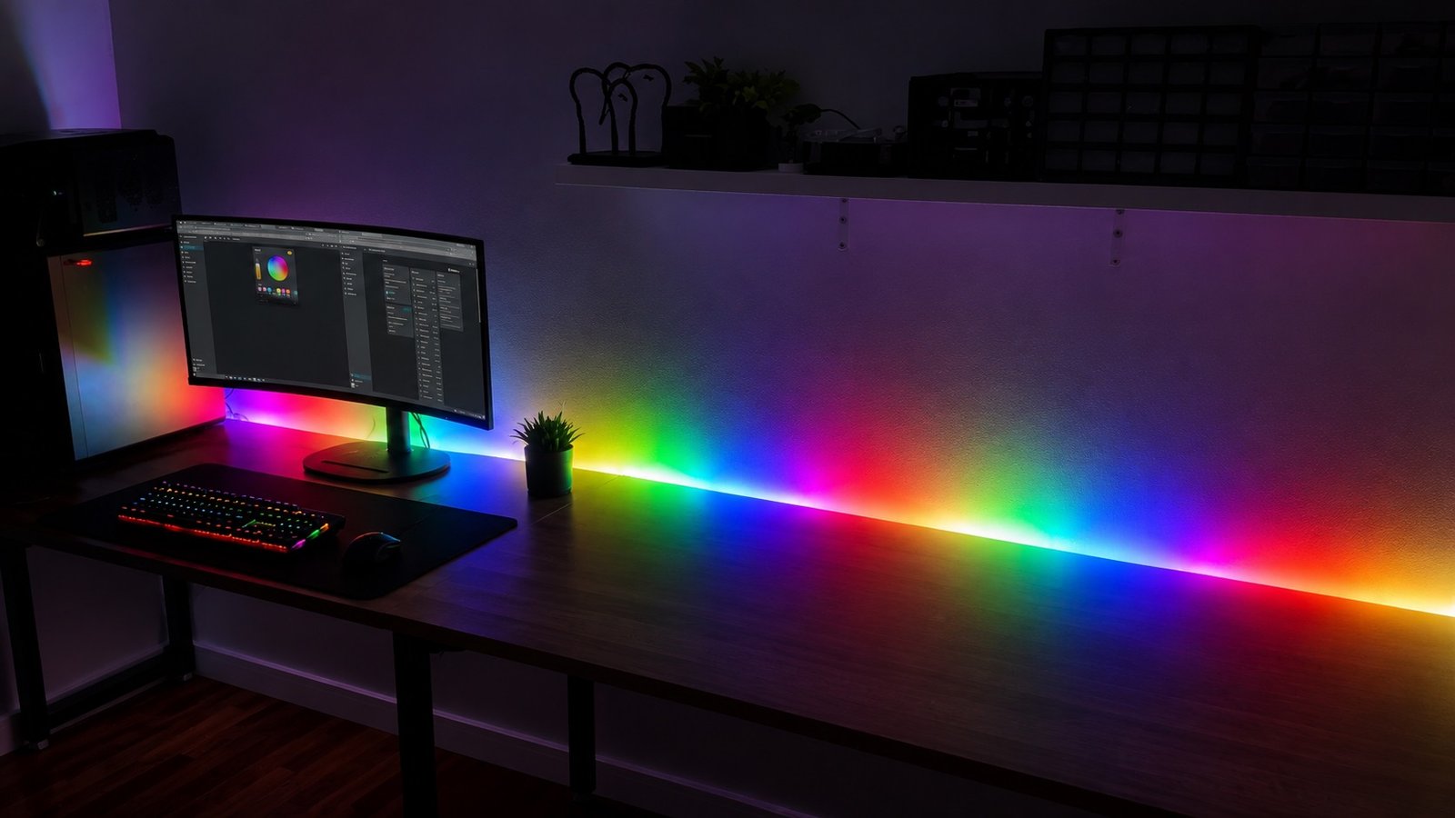 Desk with rainbow coloured LED lighting strip
