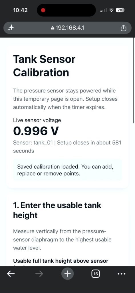 Screenshot of Tank Sensor Calibration portal page