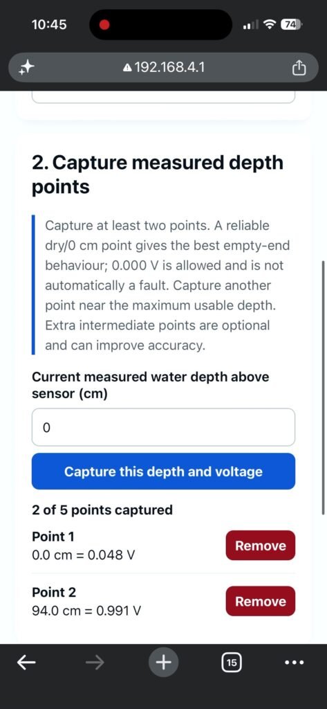 Screenshot of Tank Sensor Calibration portal page