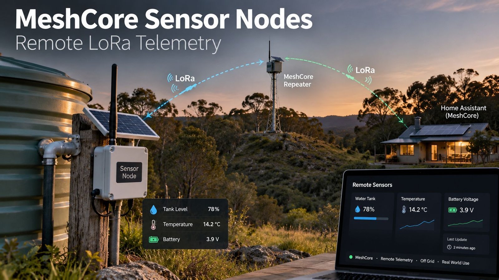 Remote MeshCore sensor node sending LoRa telemetry through a repeater to Home Assistant