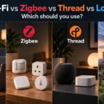 Wi-Fi, Zigbee, Thread and LoRa comparison showing smart home devices and long-range outdoor sensors
