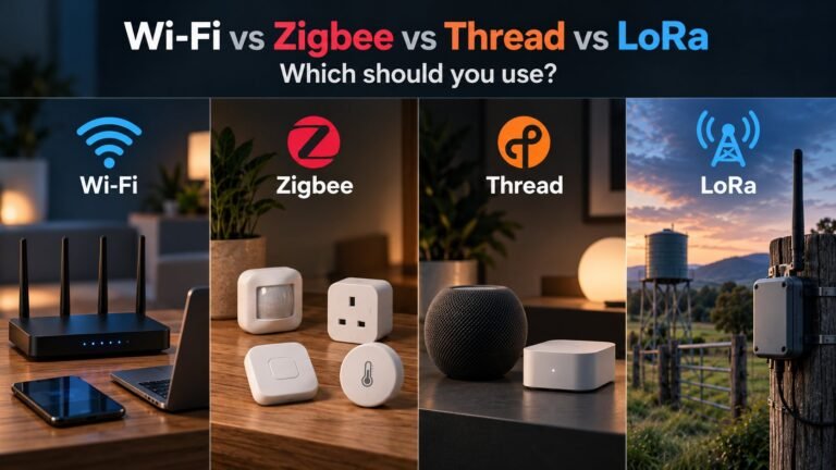 Wi-Fi, Zigbee, Thread and LoRa comparison showing smart home devices and long-range outdoor sensors