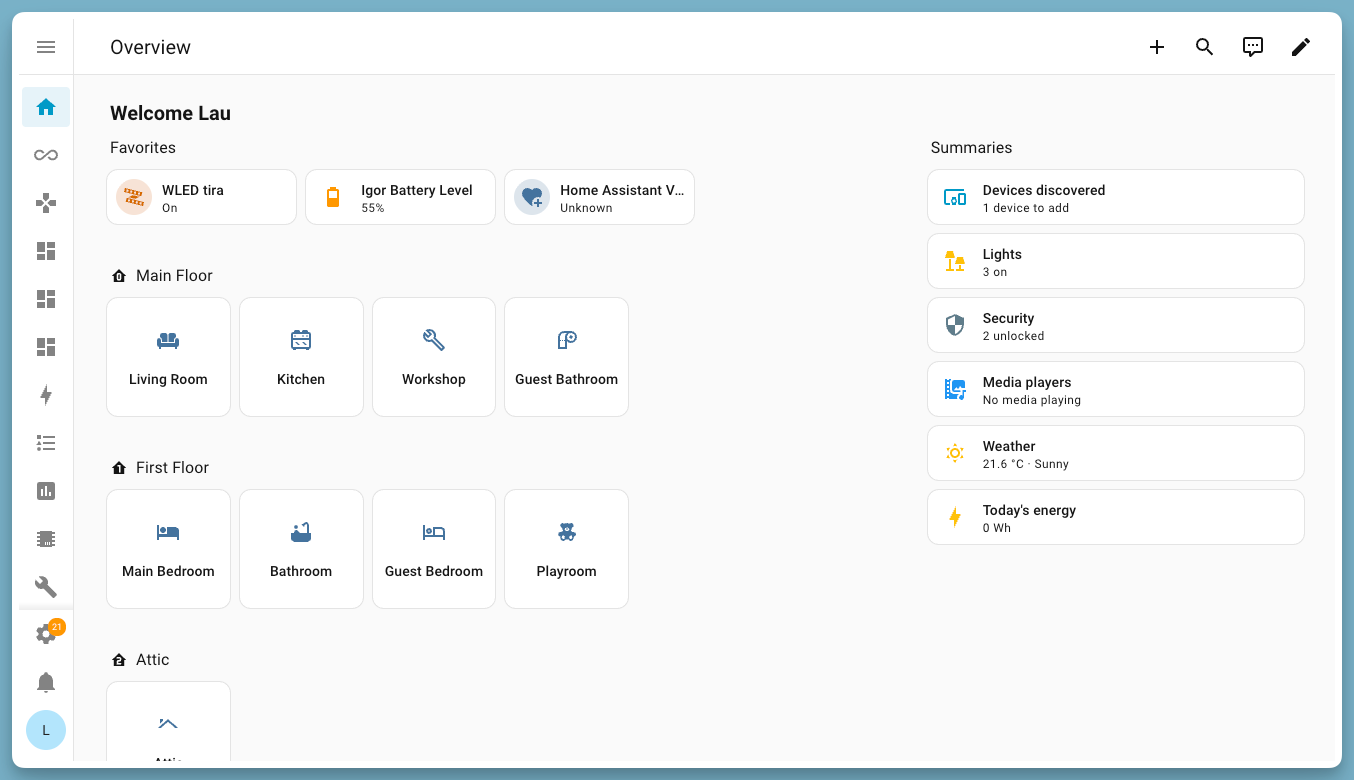 Home Assistant Overview dashboard showing rooms, devices and smart home summaries