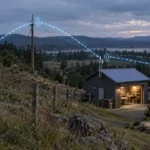 LoRa mesh network showing a remote sensor communicating through two repeater nodes to a destination across a semi-rural property