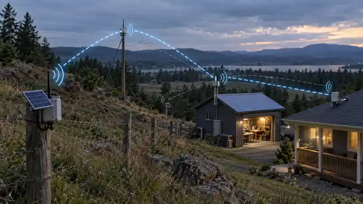 LoRa mesh network showing a remote sensor communicating through two repeater nodes to a destination across a semi-rural property